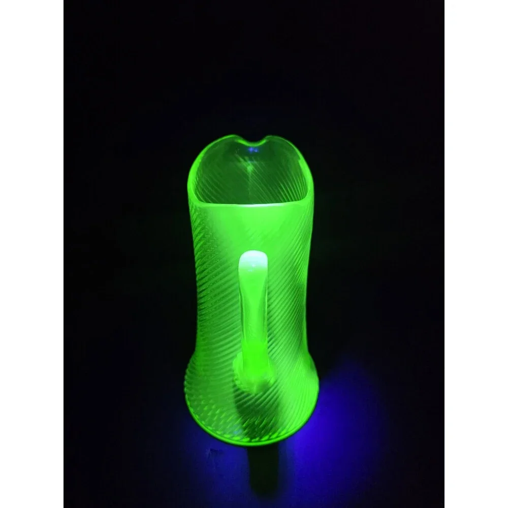 Antique Vintage Green Uranium Glass Pitcher – Diagonal Spiral Swirl Optic Ribbed